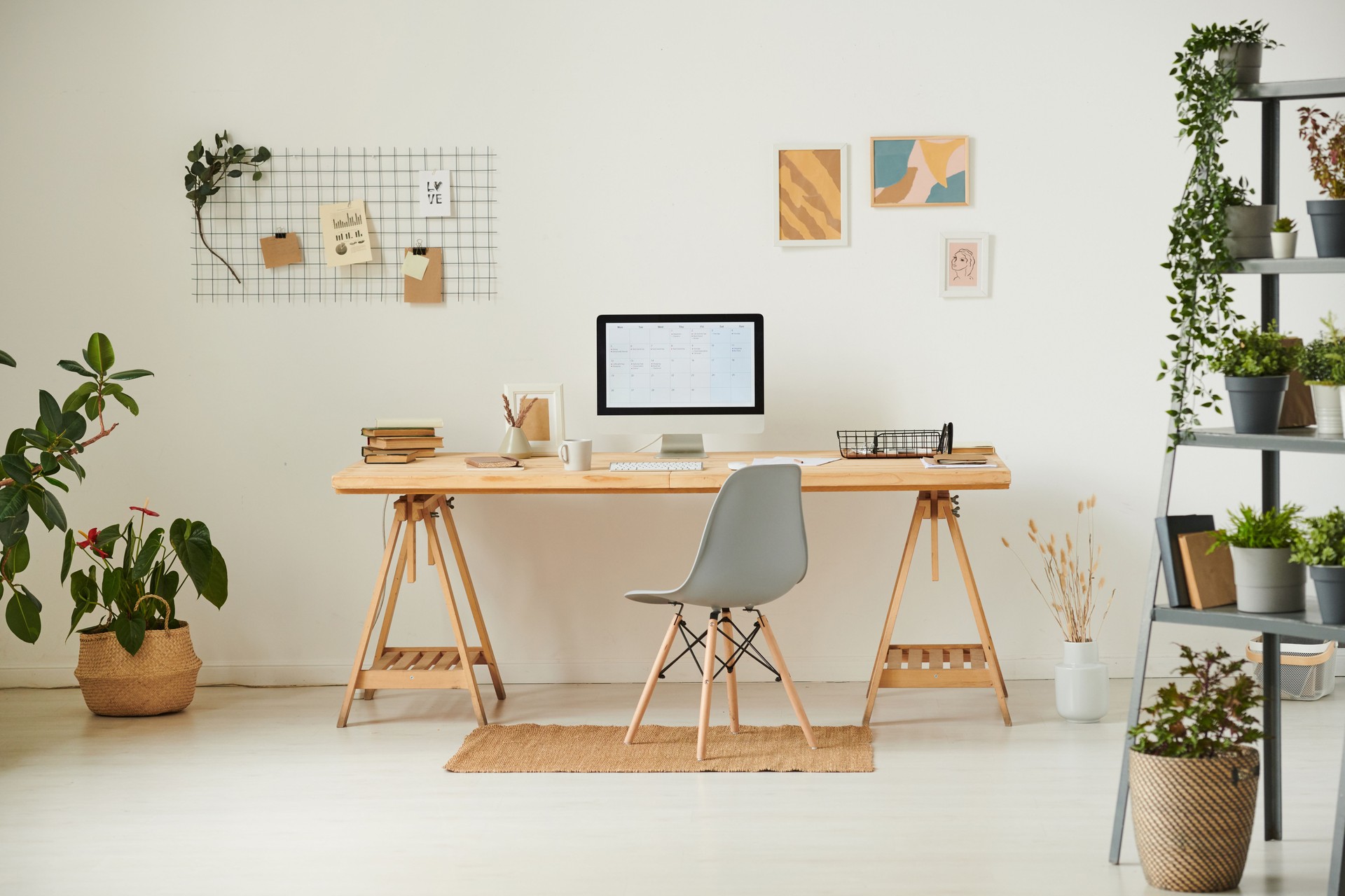 Comfortable workplace with potted plants, wall organizer, pictures and computer