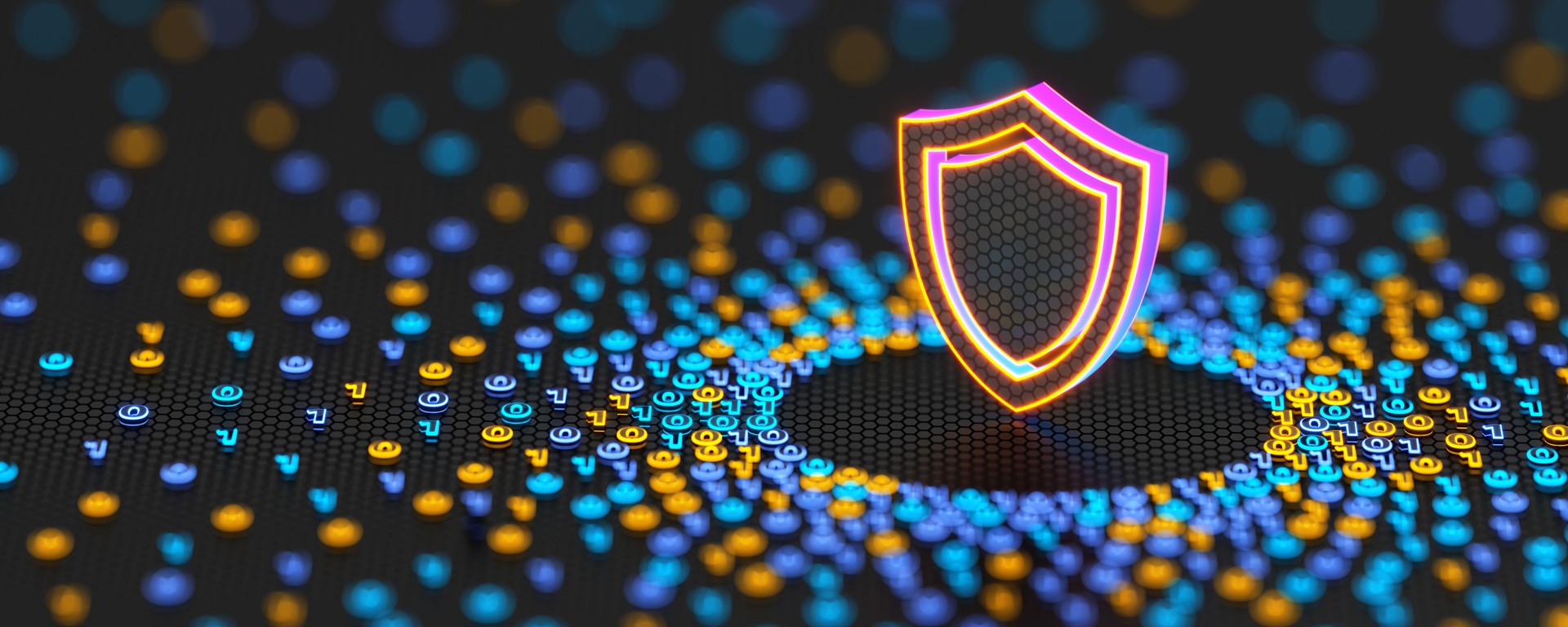 Digital shield sign and binary code background. Big data with encrypted computer code. Internet security and privacy concept. 3d illustration